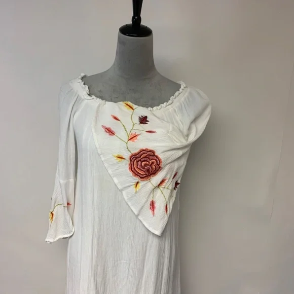 Speed Control New York Dress SZ L White Shift Embroidered Feminine Fairy Crinkle - Picture 2 of 9